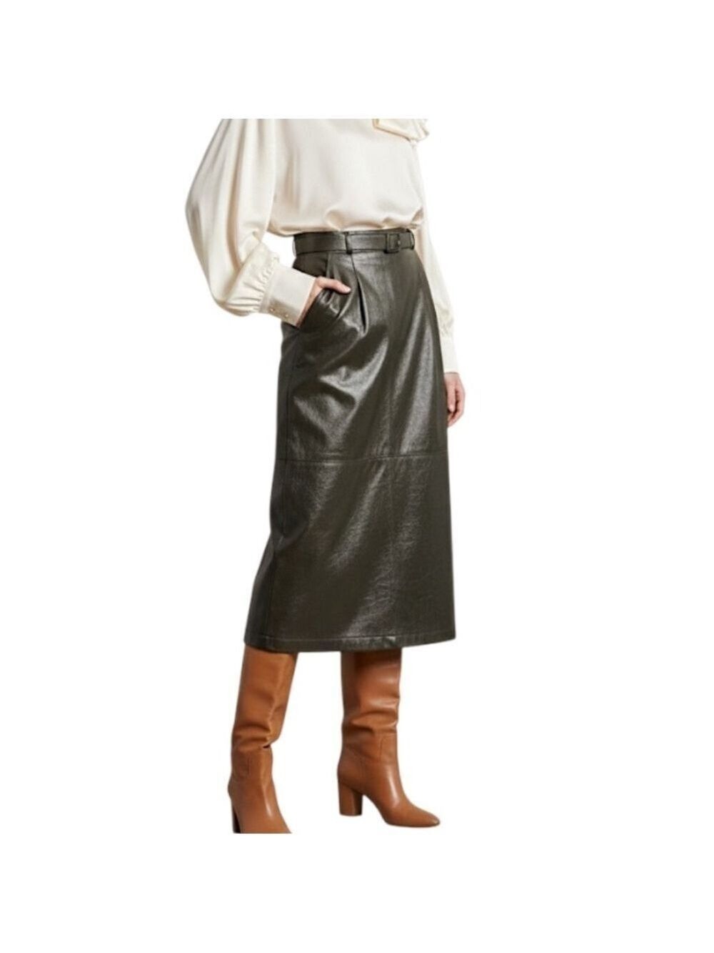 NWT 80s/90s dark green faux leather old money belted straight pencil skirt 12